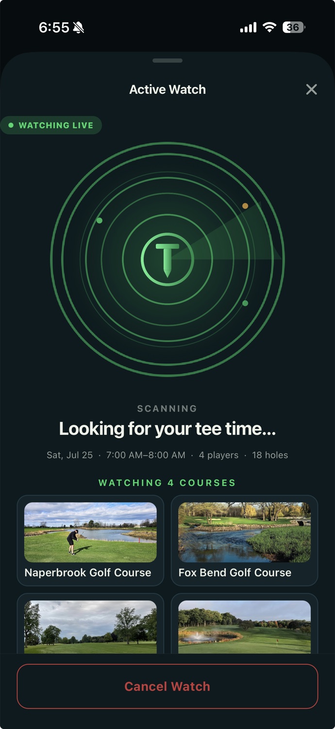 auTEEmatic Active Watch screen scanning four courses for a matching tee time